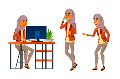 Arab Woman Office Worker Vector. Woman. Hijab. Islamic. Traditional Clothes. Set. Modern Employee, Laborer. Business Woman. Front, Side View. Face Emotions, Various Gestures. Flat Cartoon Illustration