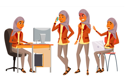 Arab Woman Office Worker Vector. Woman. Hijab. Saudi, Emirates, Qatar, Uae. Smiling Servant, Officer. Business Person. Scene Generator. Face Emotions, Various Gestures. Flat Cartoon Illustration