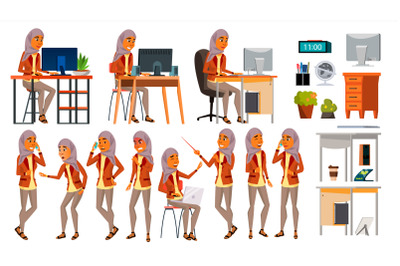 Arab Woman Set Office Worker Vector. Woman. Hijab. Ghutra. Arab, Muslim. Poses. Face Emotions, Various Gestures. Set. Isolated Cartoon Character Illustration