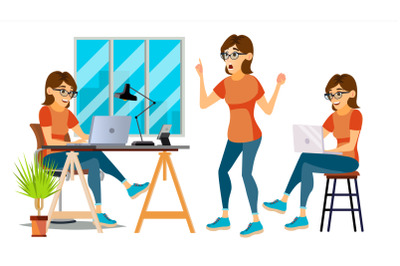 Business Woman Character Vector. Environment Process. Lady In Various Poses. Creative Studio. Cartoon Illustration