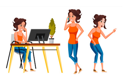 Office Worker Vector. Woman. Modern Employee, Laborer. Business Worker. Face Emotions, Various Gestures. Isolated Cartoon Character Illustration