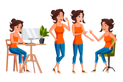 Office Worker Vector. Woman. Successful Officer, Clerk, Servant. Adult Business Woman. Face Emotions, Various Gestures. Isolated Flat Cartoon Illustration