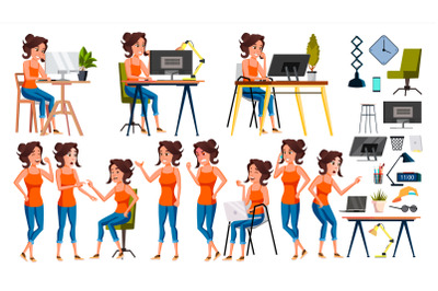 Office Worker Vector. Woman. Happy Clerk, Servant, Employee. Business Woman Person. Lady Face Emotions, Various Gestures. Flat Character Illustration