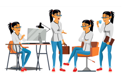 Business Woman Character Vector. Working Asian Woman. Team Room. Asiatic. Environment Process In Start Up Office. Web Developer Programming. Poses. Flat Cartoon Business Illustration