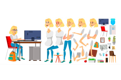 Business Woman Character Vector. Working Female Blonde Girl. Business Character Working At Office Desk. Animation Set. Attractive Lady. Emotions. Cartoon Illustration