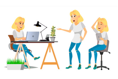 Business Woman Character Vector. Blonde Woman Various Views. Environment Process. Businesswoman Lady In Various Poses. Creative Studio. Cartoon Illustration