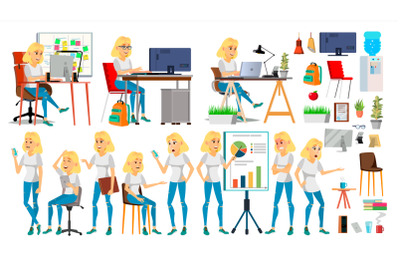 Business Woman Character Vector. In Action. Office. IT Startup Business Company. Blonde Elegant Modern Girl. Meeting. Various Views. Environment Process. Planning. Cartoon Illustration