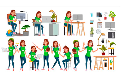 Young Business Woman Set Character Vector. In Action. IT Startup Business Company. Environment Process. Teen. Cartoon Illustration