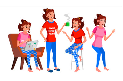 Freelancer Worker Vector. Woman. Modern Employee, Laborer. Home Worker. Face Emotions, Various Gestures. Isolated Cartoon Character Illustration