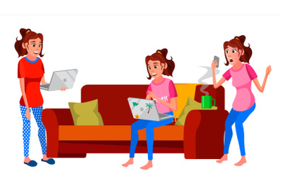 Freelancer Worker Vector. Woman Working At Home. Professional Officer, Clerk. Lady Face Emotions, Various Gestures. Isolated Flat Character Illustration