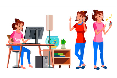 Freelancer Worker Vector. Woman. Successful Officer, Clerk, Servant. Adult Woman. Working At Home. Face Emotions, Various Gestures. Isolated Flat Cartoon Illustration