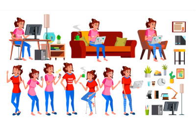 Freelancer Worker Vector. Woman. Happy Clerk, Servant, Employee. Business Woman Person. Working At Home. Lady Face Emotions, Various Gestures. Flat Character Illustration