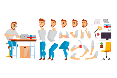 Business Character Vector. Working Male. Environment Process In Office Or Creative Studio. Set For Animation. Full Length. Programmer, Designer, Manager. Poses, Face Emotions, Gestures. Isolated Flat Cartoon Illustration