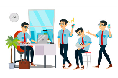 Business Man Character Vector. Working Asian Male. IT Startup Business Company. Environment Process. Developer. Asiatic Full Length. Programmer. Software. Flat Cartoon Business Character Illustration