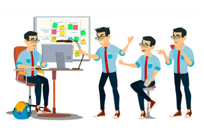 Business Man Character Vector. Working Asian, Man. Team Room. Asiatic. Environment Process In Start Up Office. Programmer, Designer. Code. Javascript. Cartoon Business Character Illustration