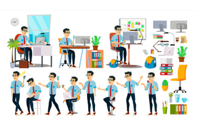 Business Man Character Vector. Working Asian People Set. Office, Creative Studio. Asiatic. Business Situation. Software Development. Programmer. Poses, Emotions. Cartoon Character Illustration