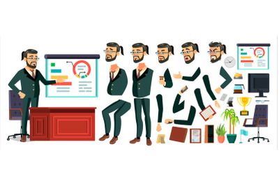 CEO Business Man Character Vector. Working Bearded CEO Male. Modern Office Workplace. Chief Executive Officer, General, Colonel, Capital. Animation Set. Face Emotions. Cartoon Illustration