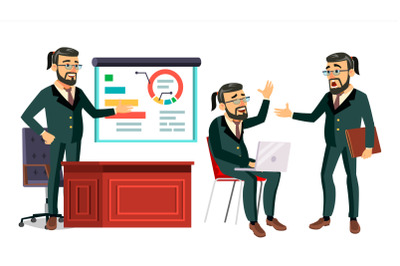 Boss Working Character Vector. Working Bearded Male. Modern Office Workplace. Animation Work. Cartoon Business Illustration