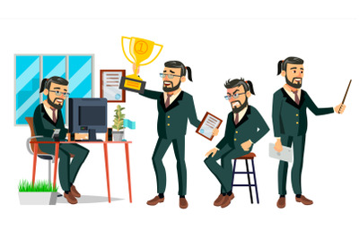 Boss Character Vector. Bearded. Environment Process In Office. Various Action. Cartoon Business Illustration