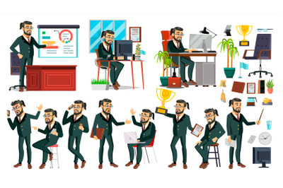 Boss CEO Character Vector. CEO, Managing Director, Representative Director. Poses, Emotions. Boss Meeting. Cartoon Business Illustration