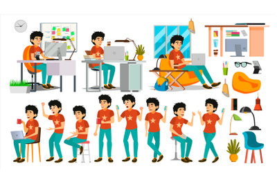 Young Coder Character Vector. Web Developer Programming. Coding, Software Development. Javascript. IT Startup Business Company. Environment Process. Poses, Emotions. Cartoon Business Illustration