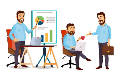 Boss Working Character Vector. Working Male. Modern Office Workplace. Animation Work. Cartoon Business Illustration