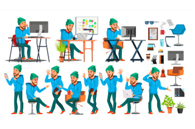 Business Man Character Vector. Working People Set. Office, Creative Studio. Bearded. Worker, Freelancer. Full Length. Programmer, Designer, Manager. Cartoon Business Character Illustration