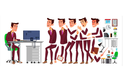 Office Worker Vector. Face Emotions, Various Gestures. Businessman Person. Smiling Executive, Servant, Workman, Officer. Isolated Character Illustration