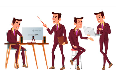 Office Worker Vector. Face Emotions, Various Gestures. Adult Entrepreneur Business Man. Isolated Flat Illustration