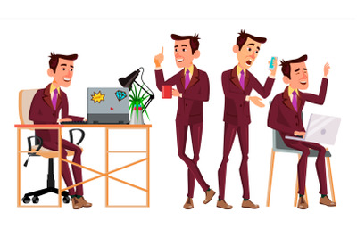 Office Worker Vector. Face Emotions, Various Gestures. Corporate Businessman Male. Isolated Cartoon Illustration