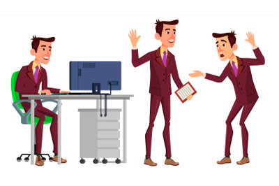 Office Worker Vector. Face Emotions, Various Gestures. Business Worker. Career. Professional Workman, Officer, Clerk. Flat Cartoon Illustration