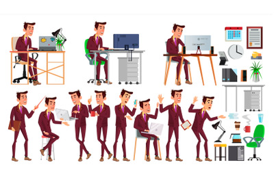 Office Worker Vector. Face Emotions, Various Gestures. Businessman Human. Modern Cabinet Employee, Workman, Laborer. Isolated Flat Cartoon Character Illustration