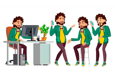 Office Worker Vector. In Action. Face Emotions, Various Gestures. Business Man. Professional Cabinet Workman, Officer, Clerk. Isolated Cartoon Character Illustration