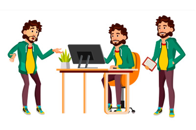 Office Worker Vector. In Action. Businessman Worker. Happy Job. Partner, Clerk, Servant, Employee. Isolated Flat Cartoon Illustration