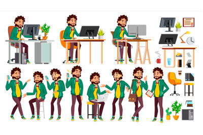 Office Worker Vector. Face Emotions, Various Gestures. Business Human. Smiling Manager, Servant, Workman, Officer. Flat Character Illustration