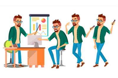 Business Man Character Vector. Hipster Working Male. Environment Process. Start Up. Casual Clothes. Worker. Full Length. Programmer, Manager. Expressions. Flat Business Character Illustration