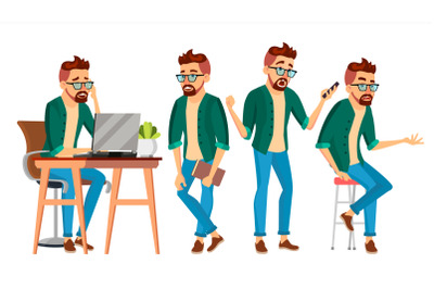 Business Man Character Vector. Hipster Working Man. Environment Process Creative Studio. Male Worker. Full Length. Designer, Manager. Poses, Face Emotions, Gestures. Cartoon Business Illustration