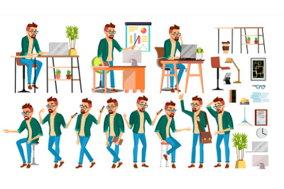 Business Man Character Vector. Hipster Working People Set. Office, Creative Studio. Worker. Full Length. Programmer, Designer, Manager. Poses, Face Emotions. Cartoon Business Character Illustration