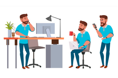 Business Man Character Vector. Working Man. Bearded. Environment Process Creative Studio. Full Length. Designer, Manager. Poses, Face Emotions, Gestures. Flat Cartoon Business Illustration