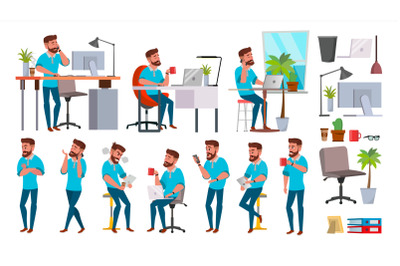 Business Man Character Vector. Working People Set. Office, Creative Studio. Bearded. Full Length. Programmer, Designer, Manager. Different Poses, Face Emotions. Cartoon Business Character Illustration