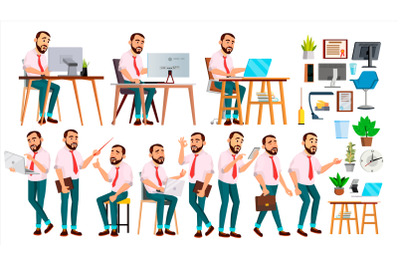 Office Worker Vector. Face Emotions, Various Gestures. Creation Set. Adult Entrepreneur Business Man. Happy Clerk, Servant, Employee. Isolated Flat Illustration