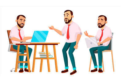 Office Worker Vector. Face Emotions, Various Gestures. Creation Set. Businessman Human. Modern Cabinet Employee, Workman, Laborer. Isolated Flat Cartoon Character Illustration