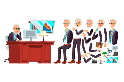 Old Office Worker Vector. Face Emotions, Various Gestures. Animation. Businessman Human. Modern Cabinet Employee, Workman, Laborer. Isolated Flat Cartoon Character Illustration