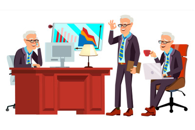 Old Office Worker Vector. Face Emotions, Various Gestures. Businessman Worker. Happy Job. Partner, Clerk, Servant, Employee. Isolated Flat Cartoon Illustration