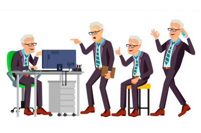 Old Office Worker Vector. Face Emotions, Various Gestures. Businessman Person. Smiling Executive, Servant, Workman, Officer. Isolated Character Illustration