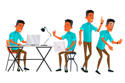 Office Worker Vector. Face Emotions, Various Gestures. Businessman Worker. Happy Job. Partner, Clerk, Servant, Employee. Isolated Flat Cartoon Illustration