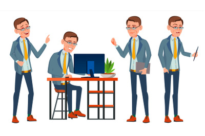 Office Worker Vector. Face Emotions, Various Gestures. Adult Business Male. Successful Corporate Officer, Clerk, Servant. Isolated Flat Character Illustration