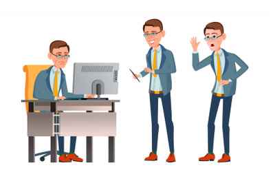 Office Worker Vector. Face Emotions, Various Gestures. Businessman Worker. Happy Job. Partner, Clerk, Servant, Employee. Isolated Flat Cartoon Illustration