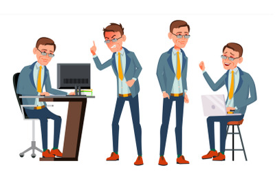 Office Worker Vector. Face Emotions, Various Gestures. Business Human. Smiling Manager, Servant, Workman, Officer. Flat Character Illustration