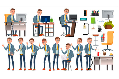 Office Worker Vector. Face Emotions, Various Gestures. Businessman Person. Smiling Executive, Servant, Workman, Officer. Isolated Character Illustration